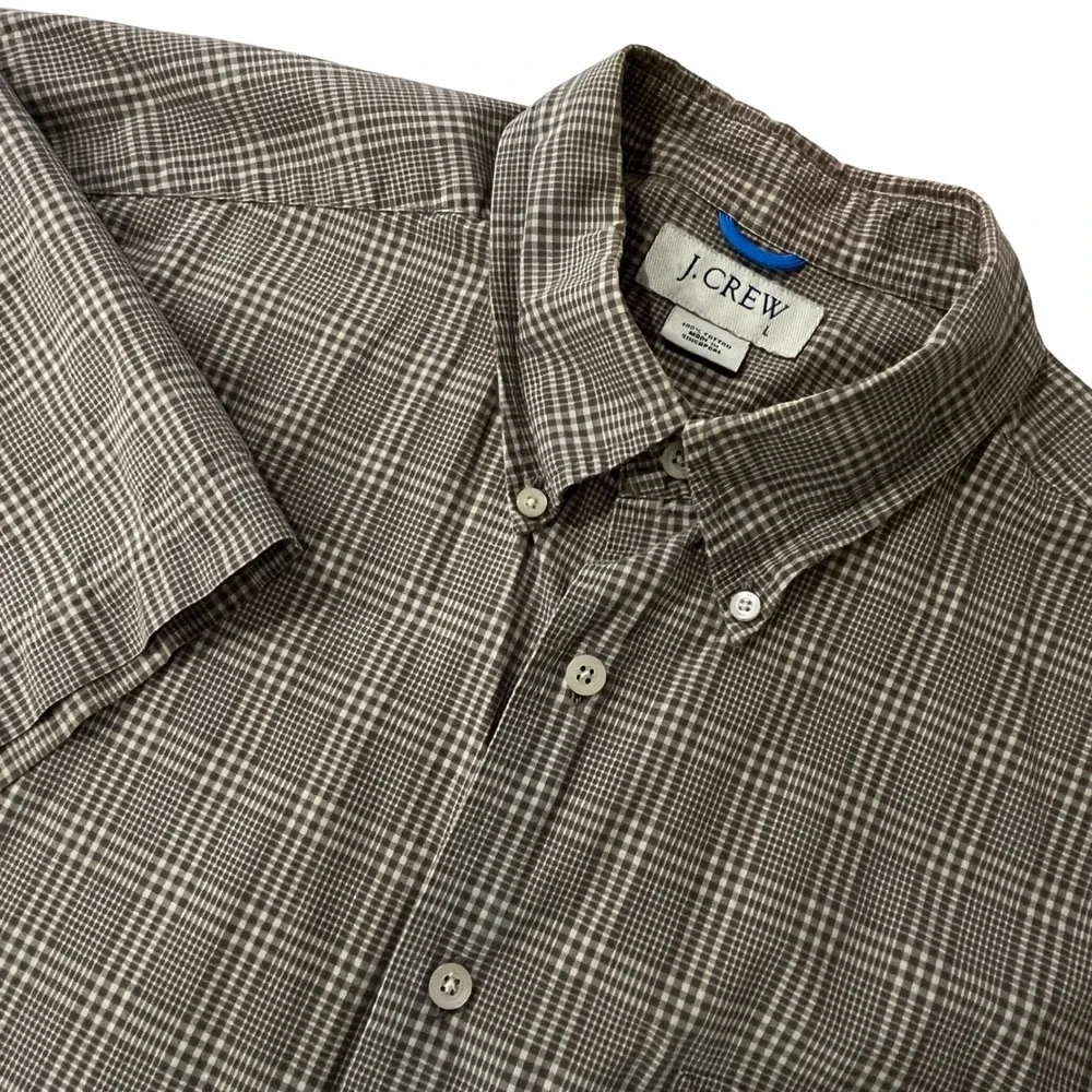 J. Crew Mens Button Down Shirt L Brown Plaid Cotton Short Sleeve Office Casual